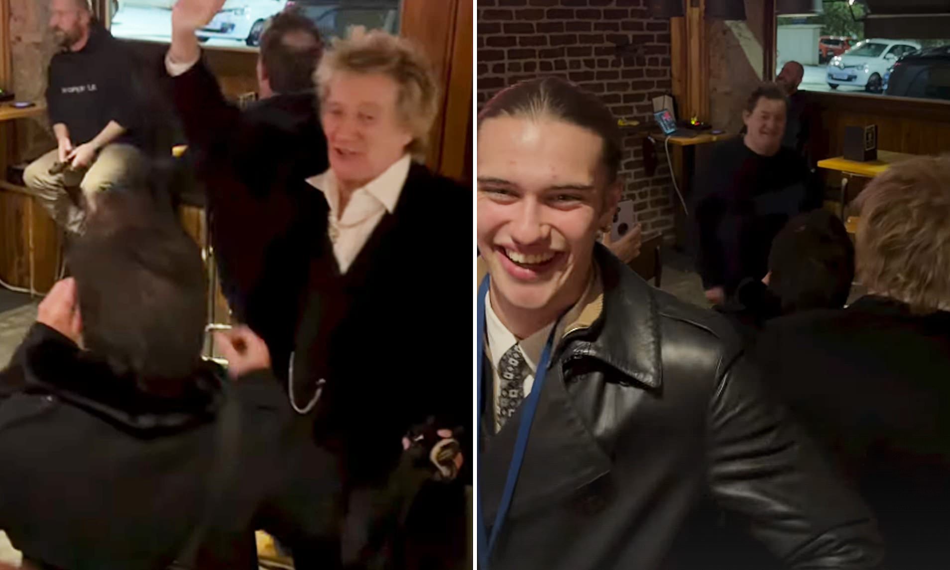 Rod Stewart is roped into karaoke session in Scottish pub during night out with son Alastair, 20<br><br>