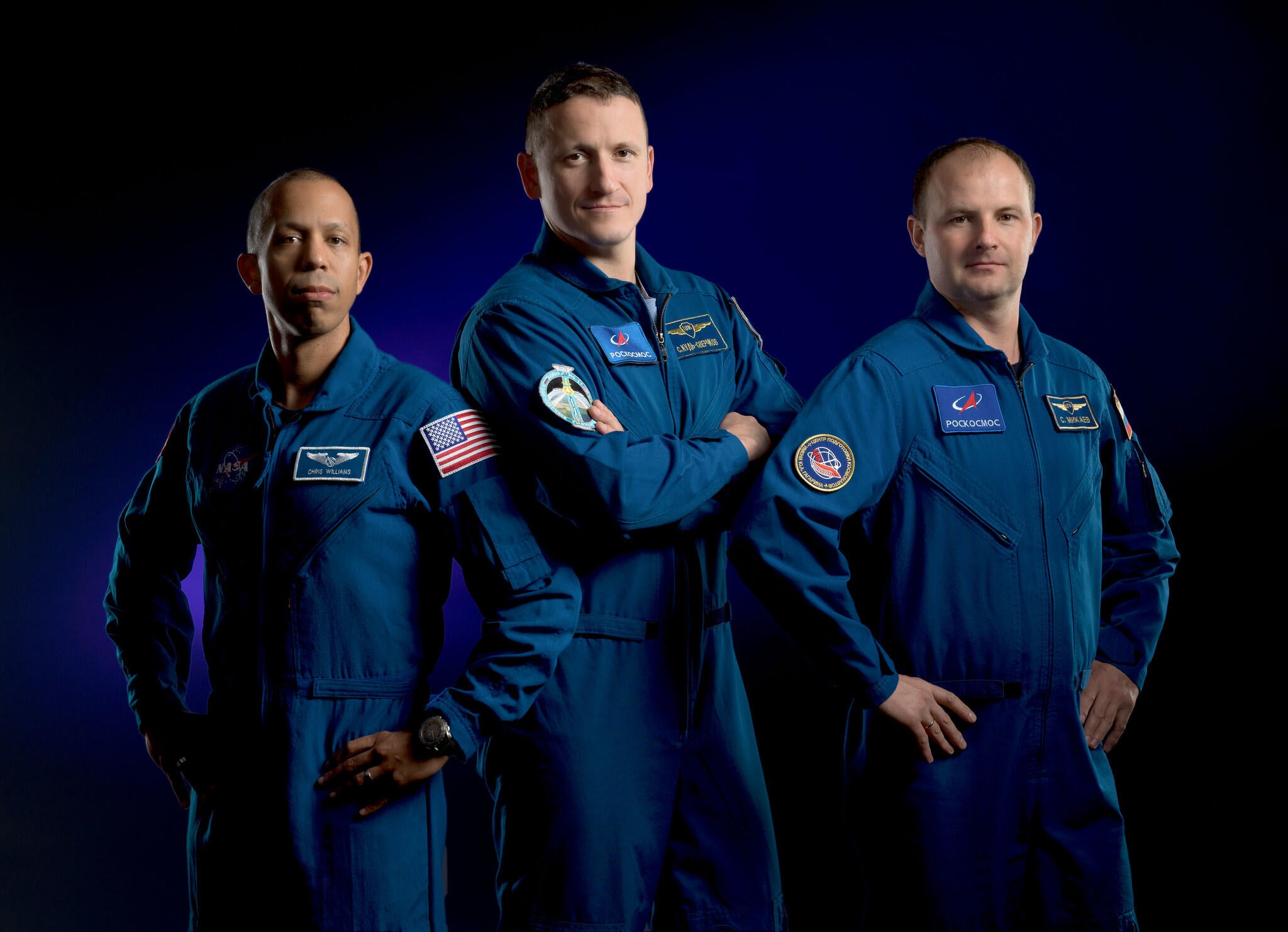 The Soyuz MS-28 crew (left to right): NASA astronaut Chris Williams, Soyuz commander Sergey Kud-Sverchkov and flight engineer Sergey Mikaev. With Crew 11's departure, they will have the International Space Station to themselves until four replacement crew members arrive aboard the Crew 12 Dragon next month. / Credit: NASA
