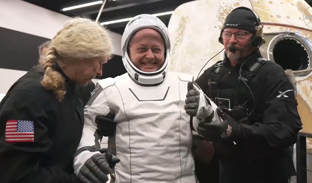 NASA astronauts Mike Fincke gives a thumbs-up.