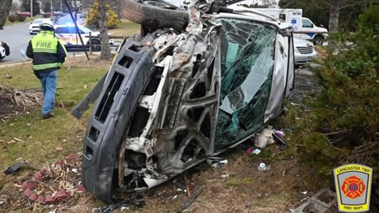Vehicle crashes into tree, flips on its side in Lancaster County