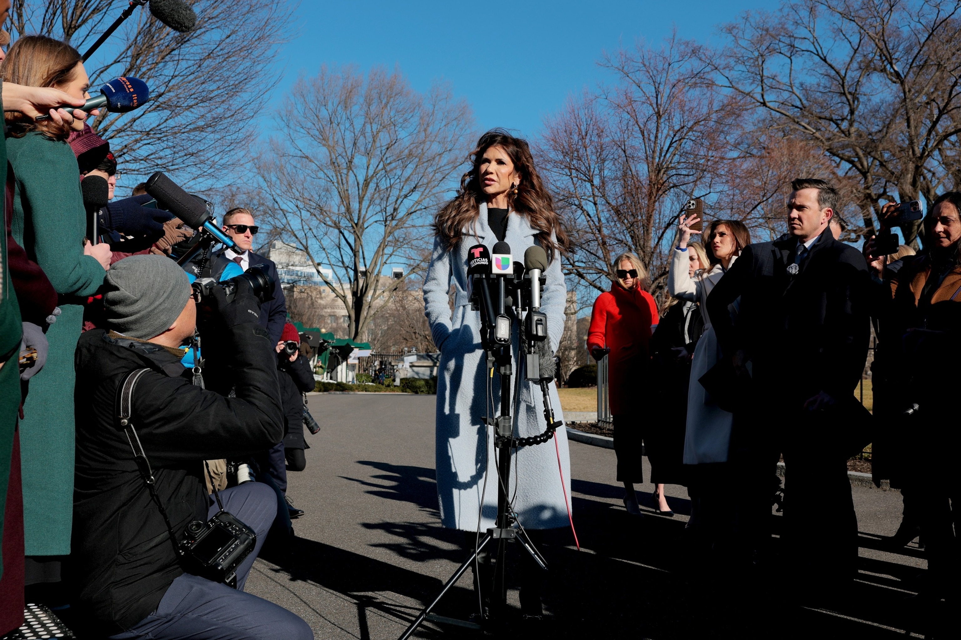 Anna Moneymaker/Getty Images - PHOTO: Homeland Security Secretary Kristi Noem speaks with reporters at the White House, Jan. 15, 2026, in Washington.