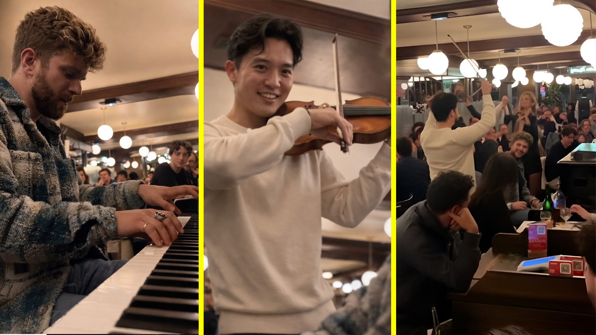 Violinists and pianist perform together at restaurant
