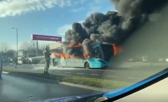 Moment horror fire devours Arriva bus as road is shut down