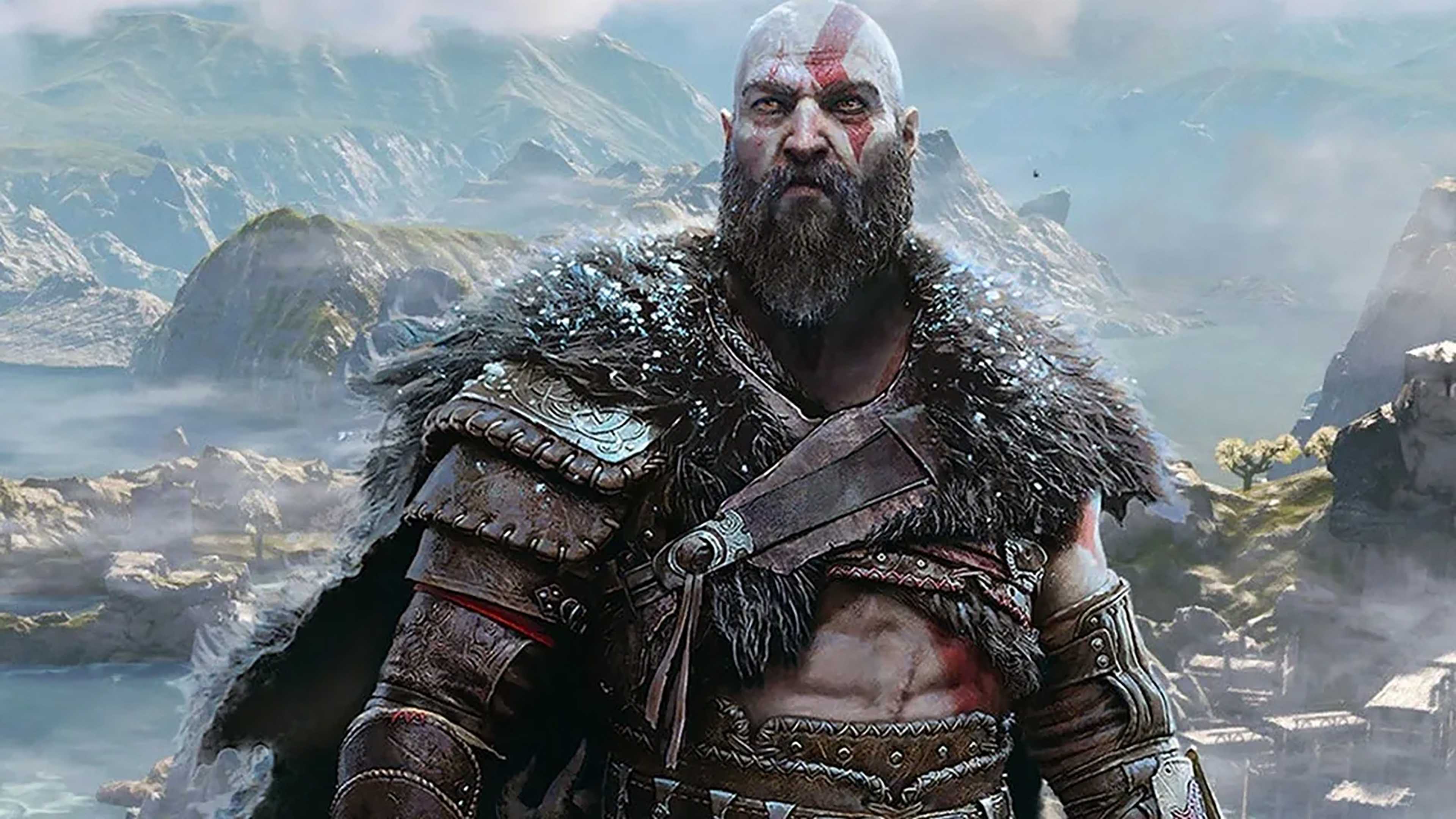 Kratos looking intensely against snowy backdrop in God of War: Ragnarok