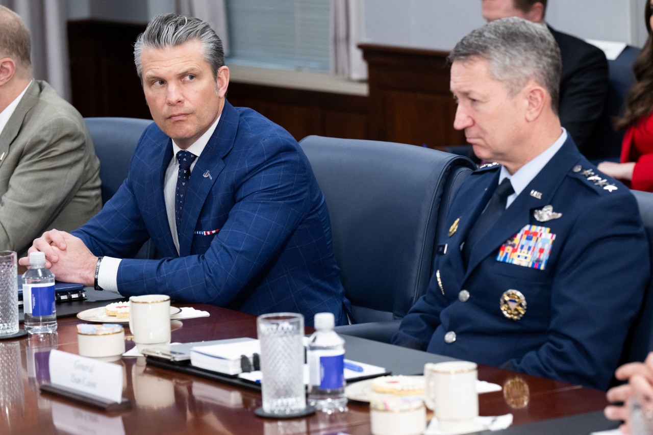 U.S. Defense Secretary Pete Hegseth with Joint Chiefs Chair Gen. Dan Caine at the Pentagon on Thursday.