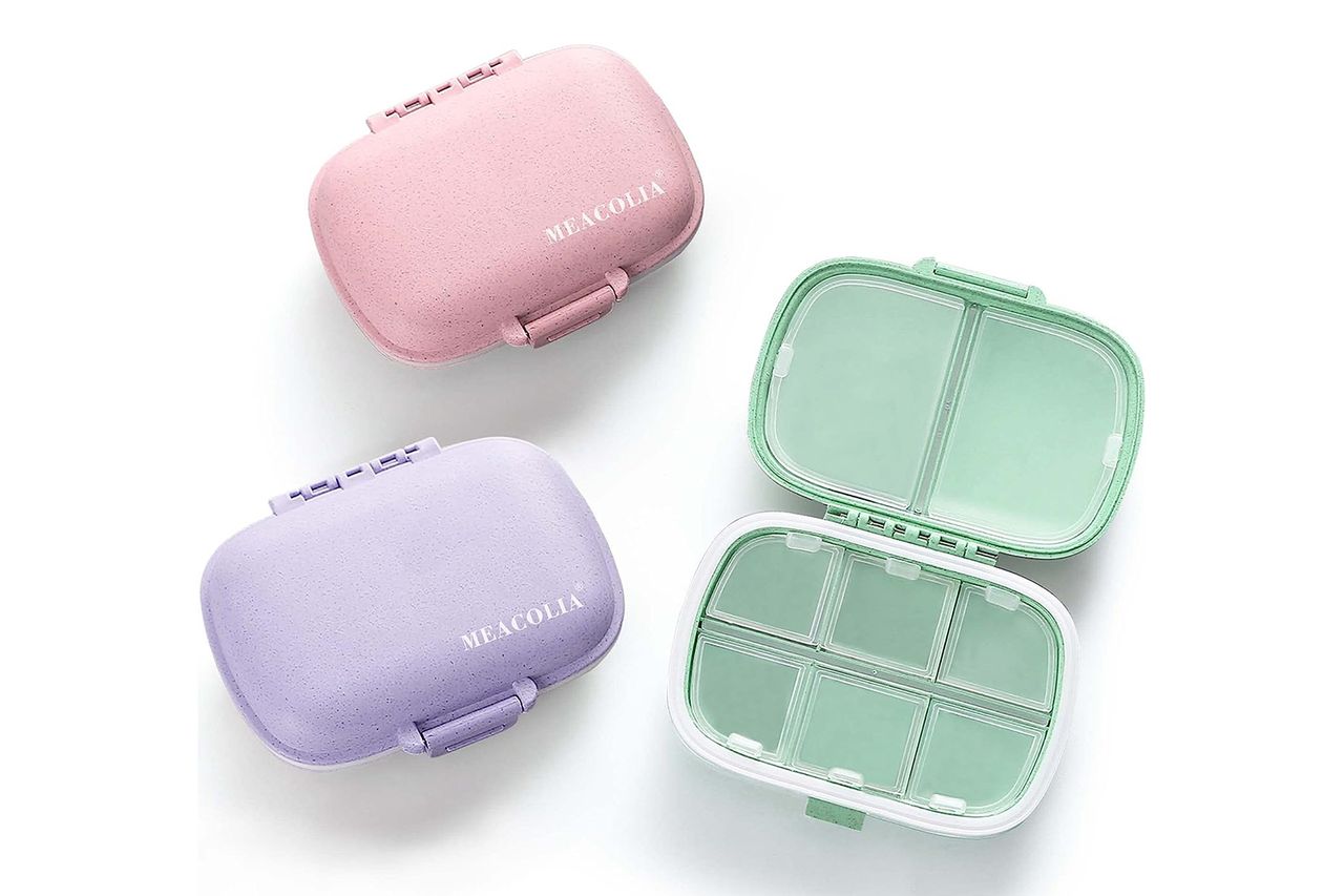 Amazon MEACOLIA 3 Pack 8 Compartments Travel Pill Organizer, Daily Pill Case Small Pill Box for Pocket Purse, Portable Pill Container Medicine Vitamin Organizer (Purple, Green, Pink)