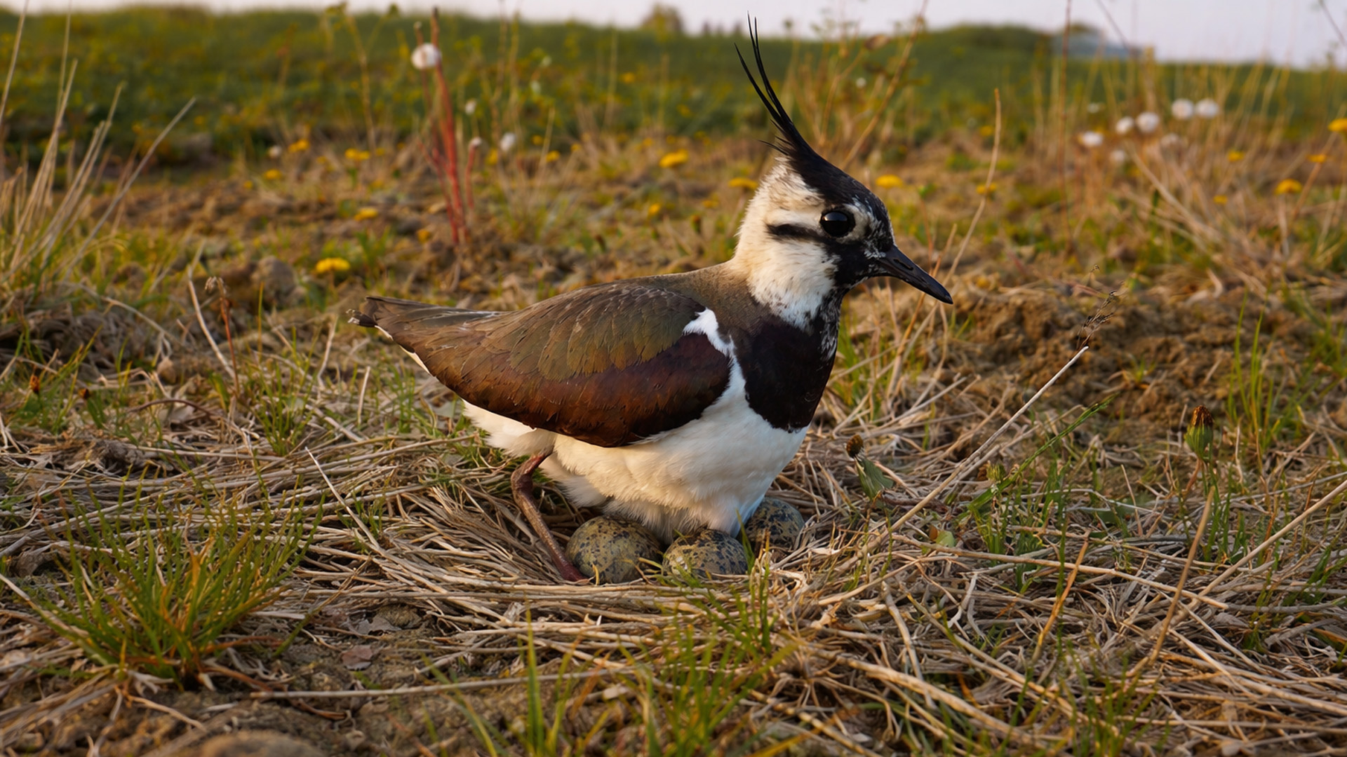 Beschermende kievit op haar nest