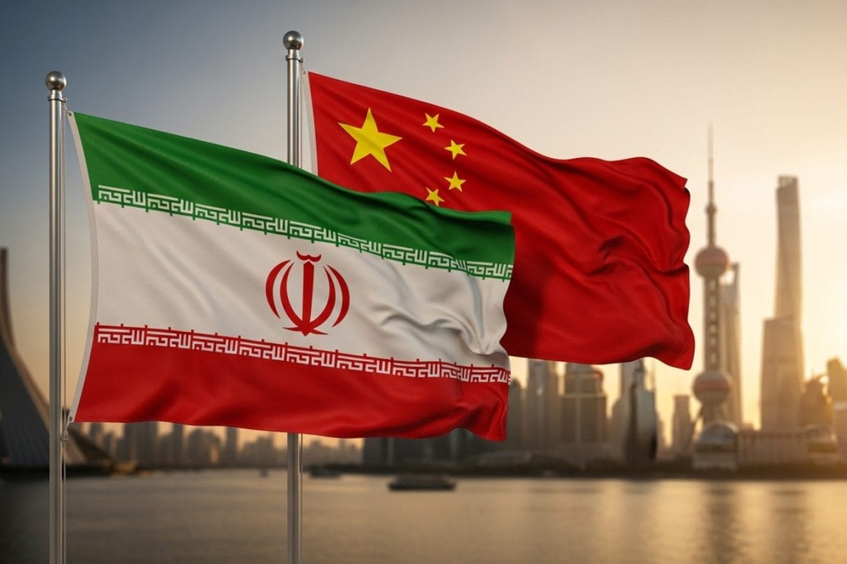 A view of the Chinese and Iranian flags fluttering side-by-side during a diplomatic summit.