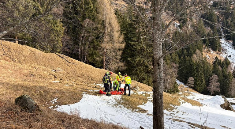 Escursionista scivola sul sentiero durante la passeggiata con il cane e ...