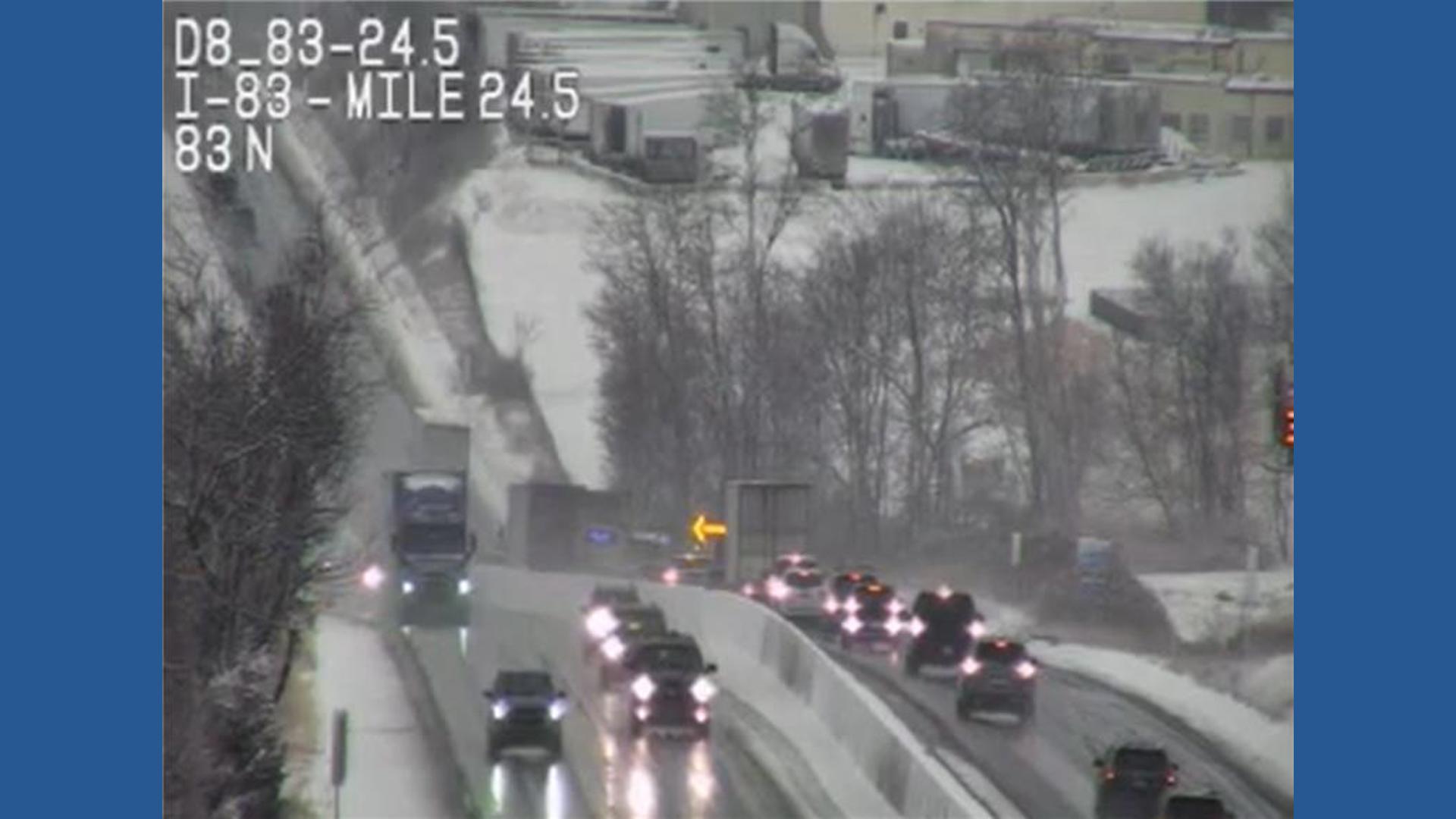 A snowstorm caused dozens of crashes Saturday morning