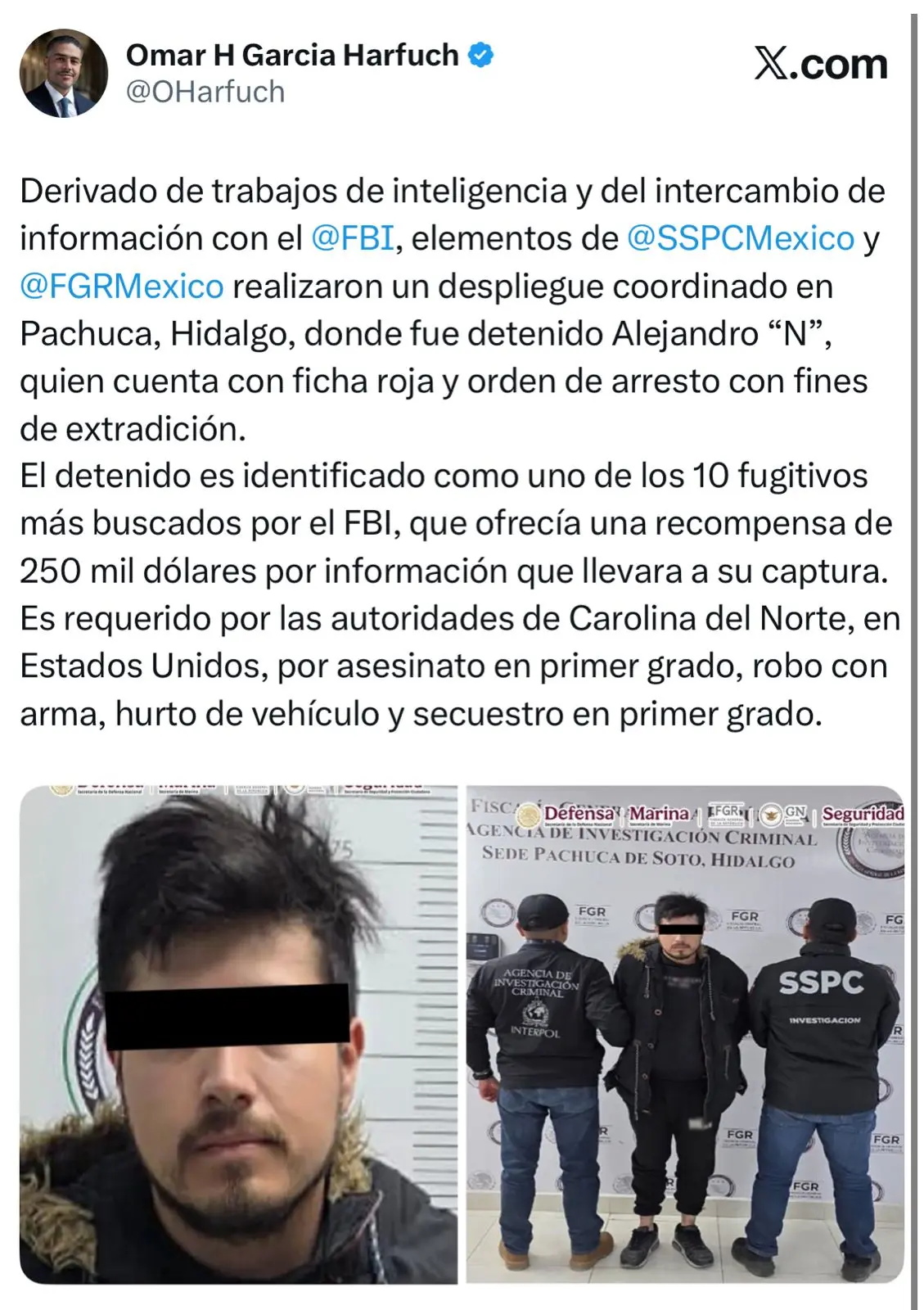 México entrega golpe internacional al crimen detenido en Hidalgo fugitivo del FBI