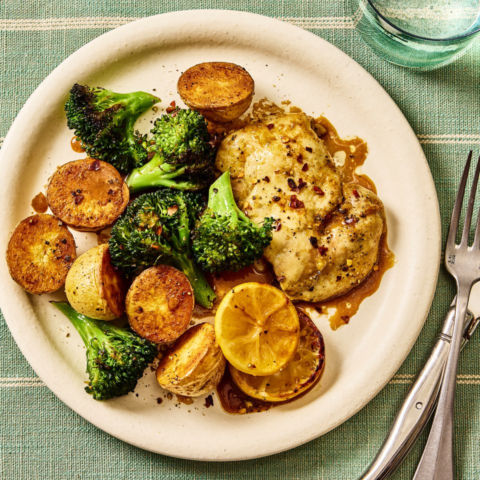 A recipe image of Sheet-Pan Lemon-Pepper Chicken Thighs with Broccoli & Potatoes.