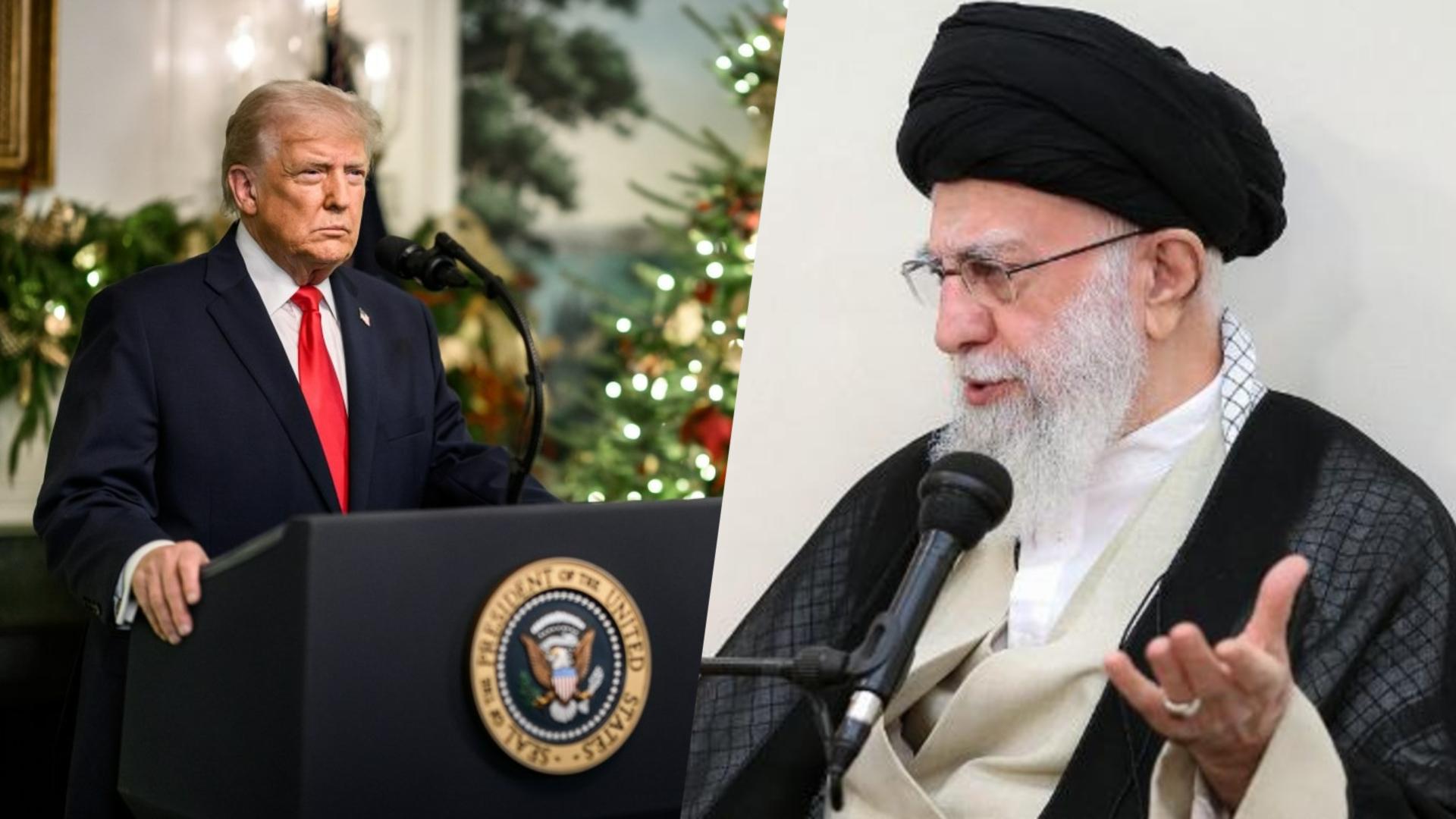 AMERIKA VS IRAN - Kolase foto Presiden AS Donald Trump saat memberikan pidato dari Gedung Putih pada 18 Desember 2025 (kiri) dan Pemimpin Tertinggi Iran, Ali Khamenei, bertemu dengan sejumlah pimpinan dan fakultas Universitas Shahid Motahari di Teheran pada 3 Juli 2024 (kanan). (The White House/X @khamenei_ir) (Kolase Tribunnews)