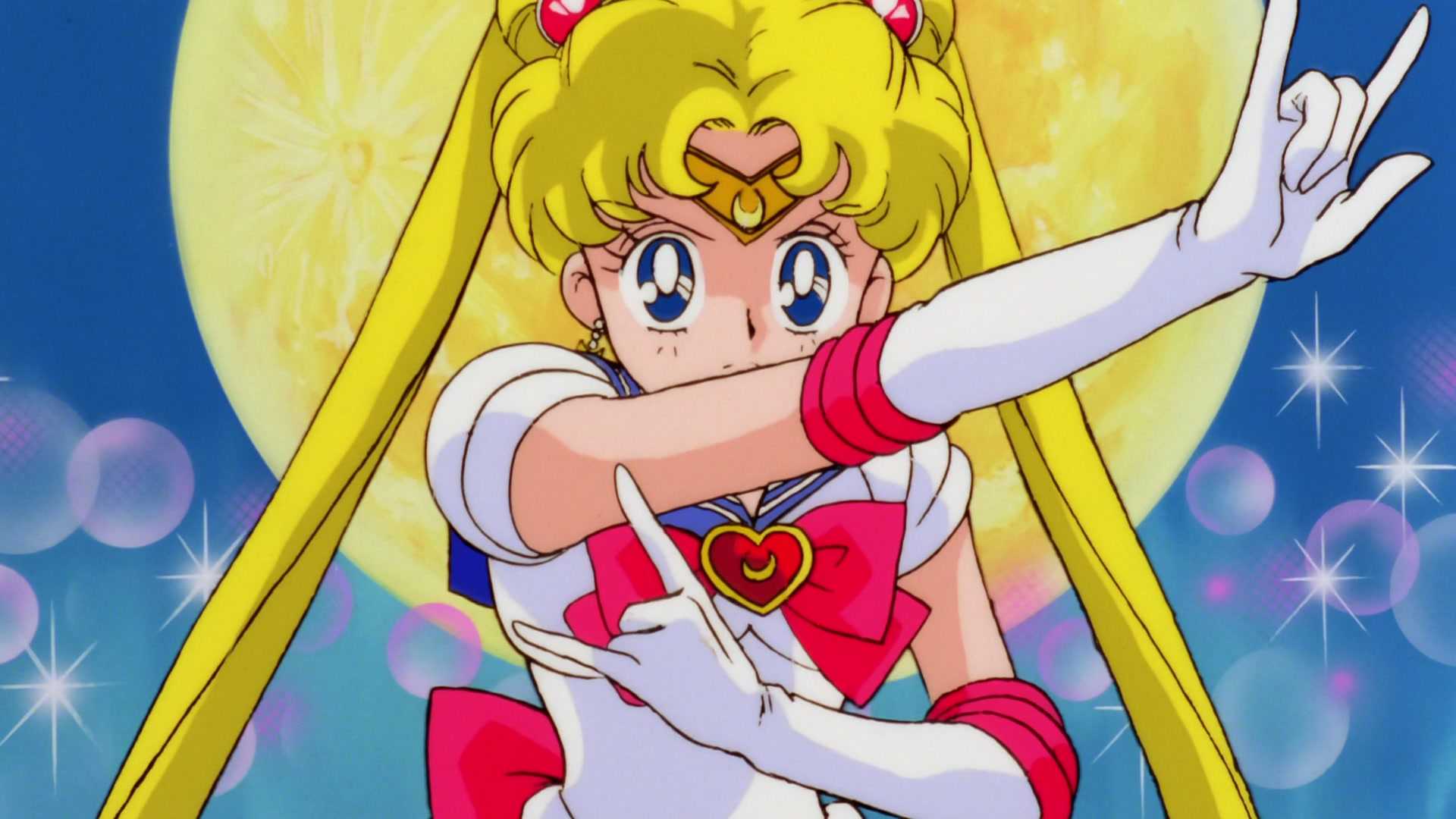 Usagi transformed into Sailor Moon striking her signature magical girl pose in the 90s anime