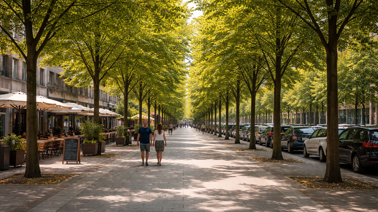 Shadows and sunshine on a European promenade