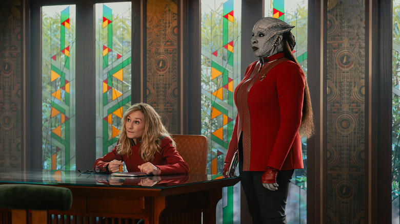 Holly Hunter as Nahla Ake and Gina Yashere as Lura in Star Trek: Starfleet Academy in an elaborately decorated room