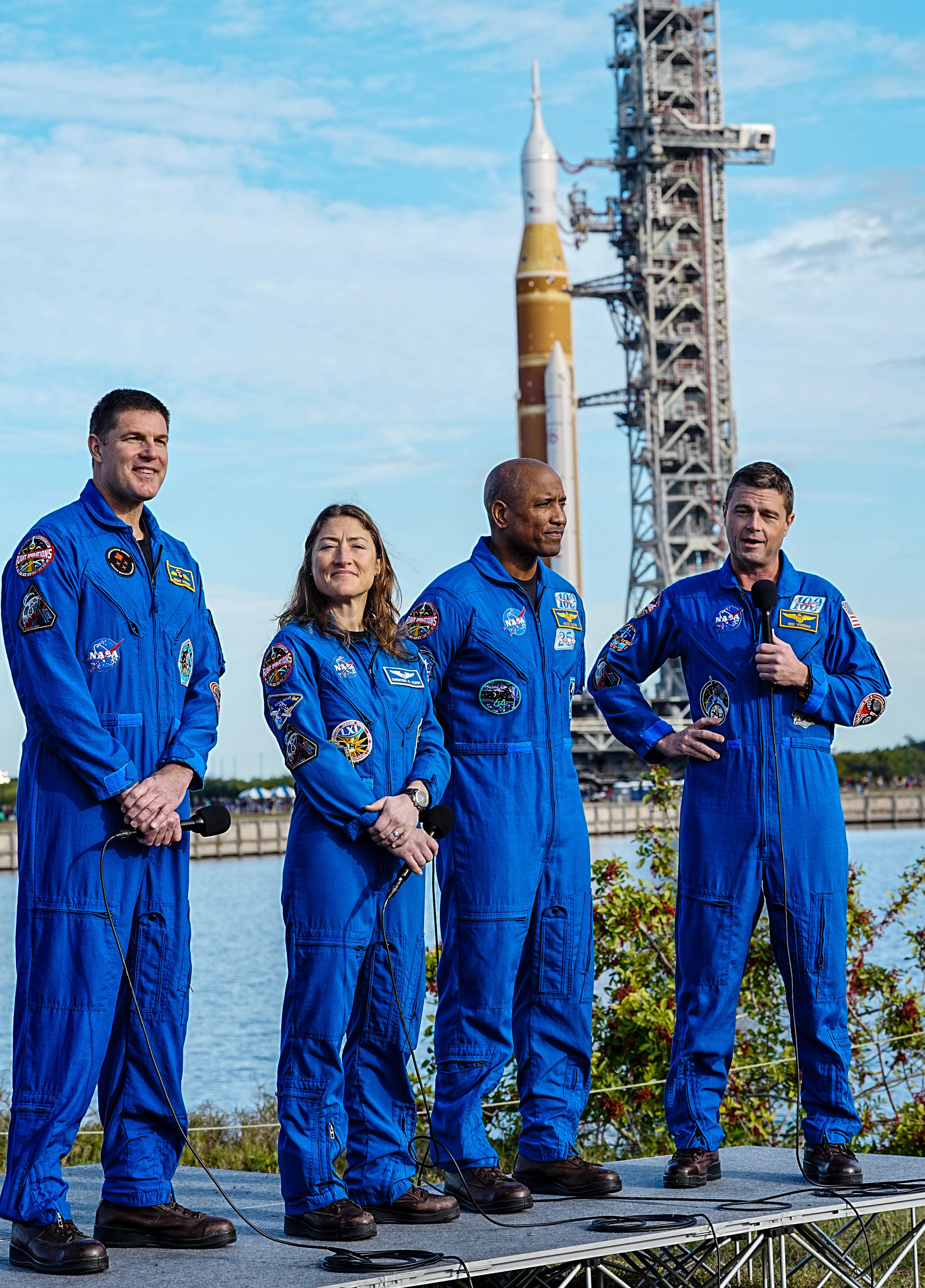 The crew of Artemis II (from left: Mission Specialist Jeremy Hansen, Mission Specialist Christina Koch, Pilot Victor Glover and Commander Reid Wiseman) answer questions at a press conference as their Space Launch System rocket is transported to Pad 39B January 17, 2026. Artemis II is tentatively scheduled to launch on a mission to th Moon in early February. Craig Bailey/FLORIDA TODAY via USA TODAY NETWORK
