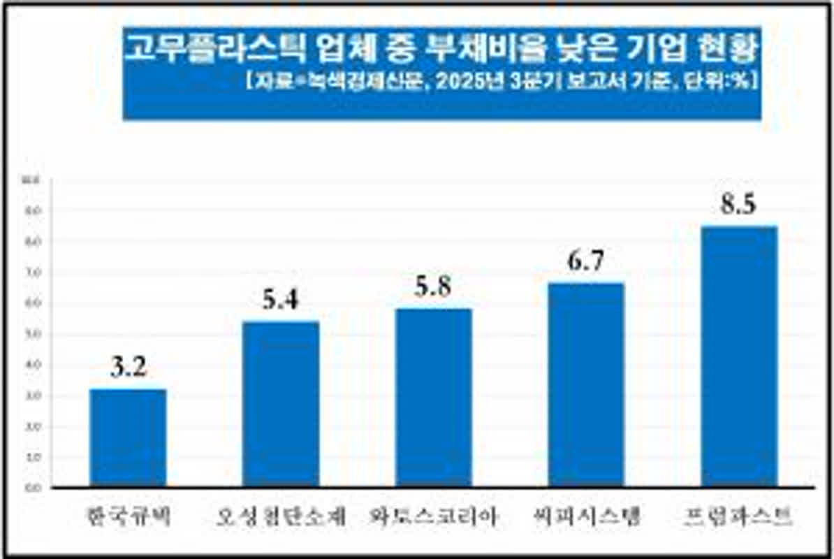 데이터 뉴스룸] 고무·플라스틱업 50곳 중 부채비율 10% 미만 기업은? 자산 1위 한국타이앤테크놀로지 재무건전성 A학점