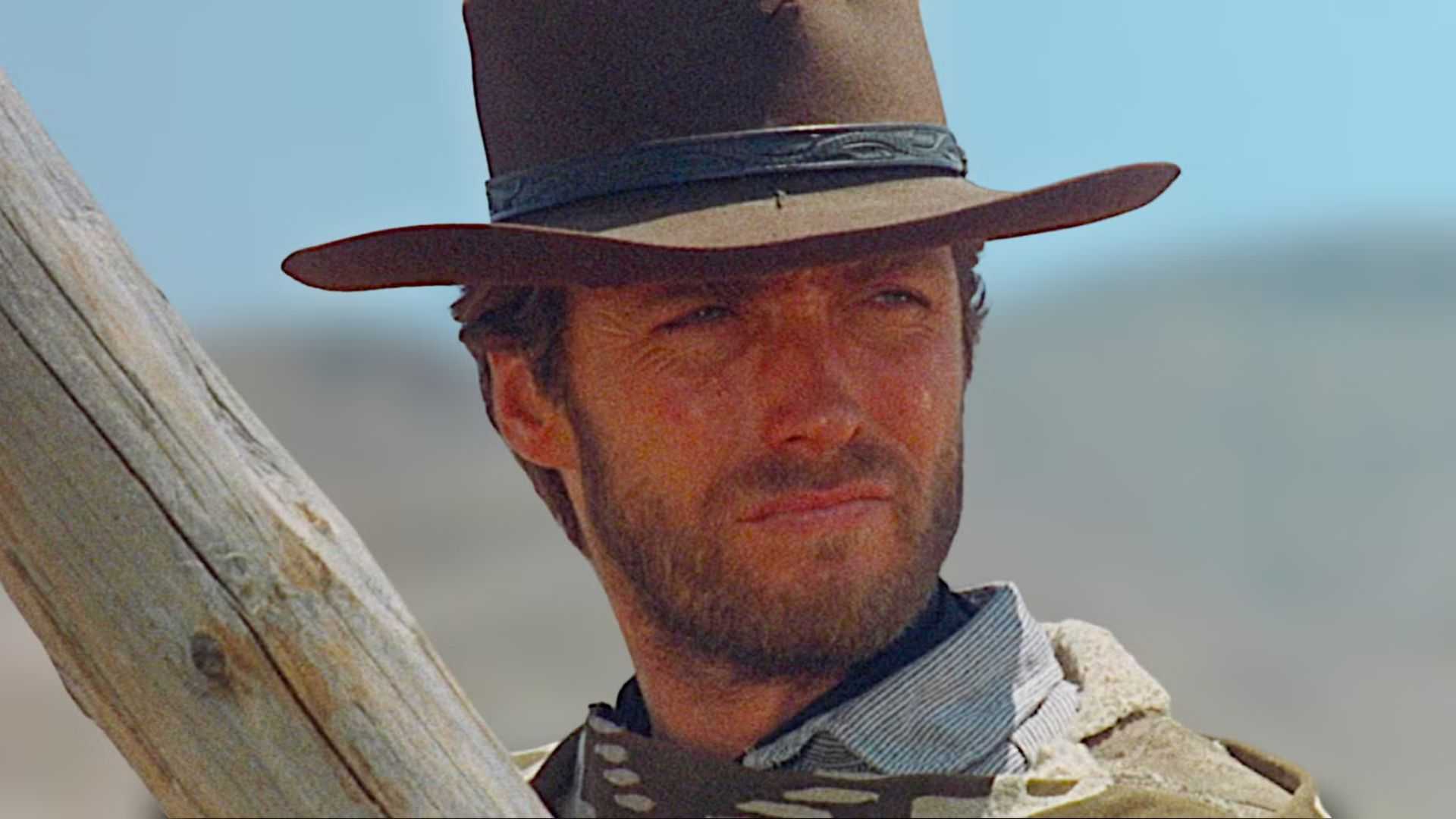 Clint Eastwood gazes mysteriously in a scene from A Fistful of Dollars