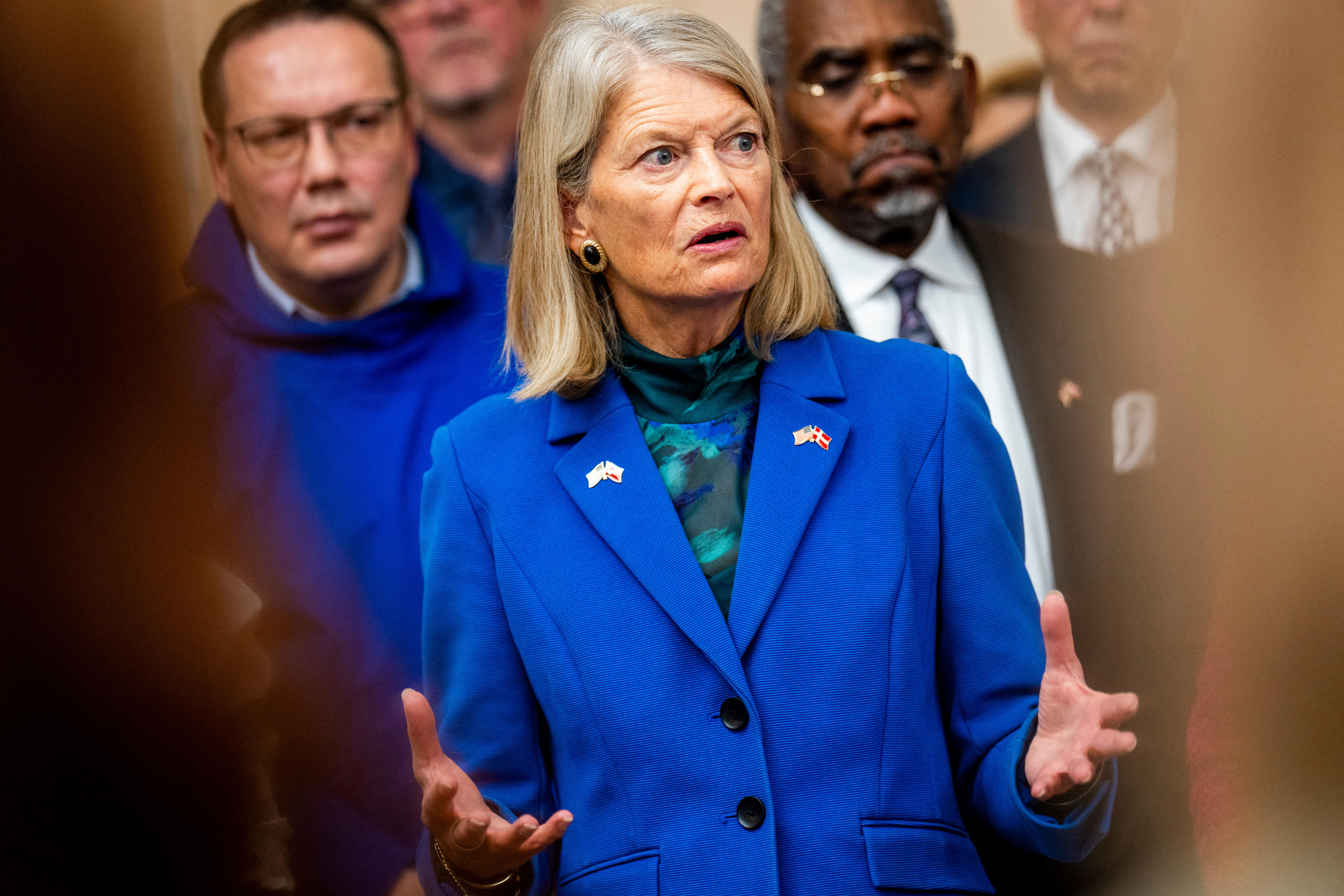 Republican Senator Lisa Murkowski is seen at a press conference after a meeting with members of the Danish Parliament, a Greenlandic committee and Congress members in Copenhagen, Denmark.