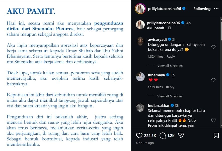 Prilly Latuconsina Pindah dari Sinemaku Pictures, Mulai Babak Baru Karier
