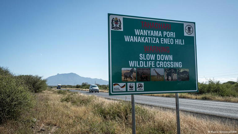 A road sign warns of possible wildlife crossings along the road from Arusha to the Ngorongoro Conservation Area, northern Tanzania. Sponsors of the conservation areas include the WWF and the German government