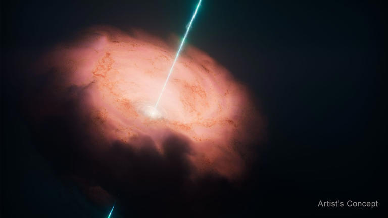 An illustration of a supermassive black hole spewing an energetic outburst into space (Image credit: NASA, ESA, CSA, Ralf Crawford (STScI))