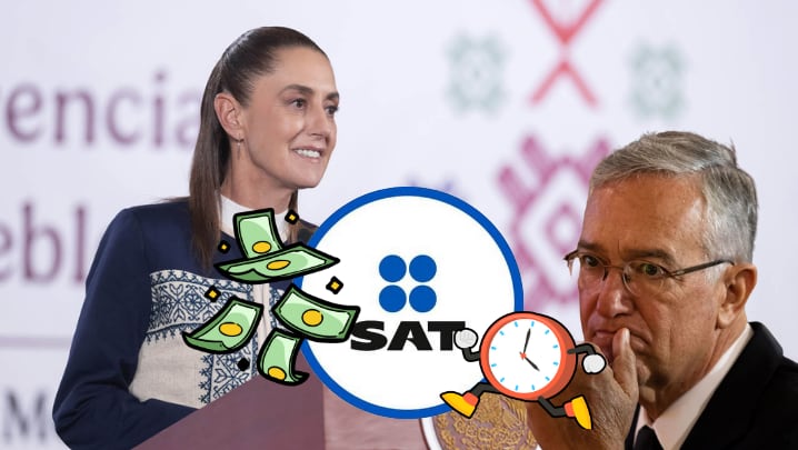 La presidenta Claudia Sheinbaum Pardo, confirmó que ya hay diálogo con el empresario mexicano Ricardo Salinas Pliego y el SAT. Foto: Presidencia/Archivo/Canva/SAT.