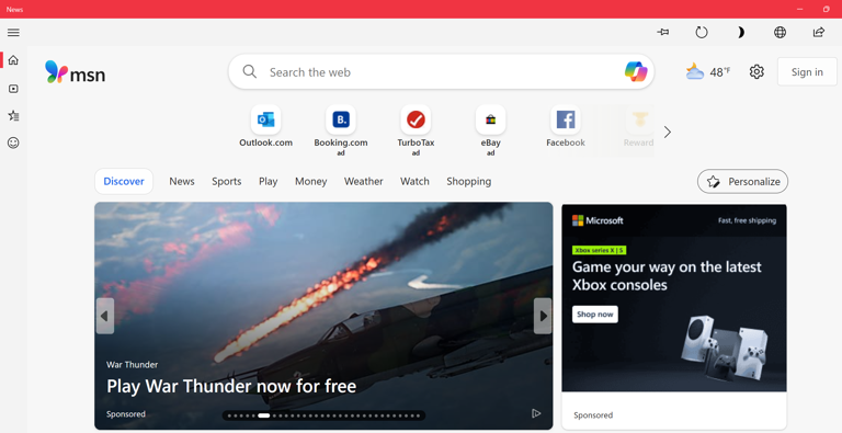 The home page of the News app opened in Windows.