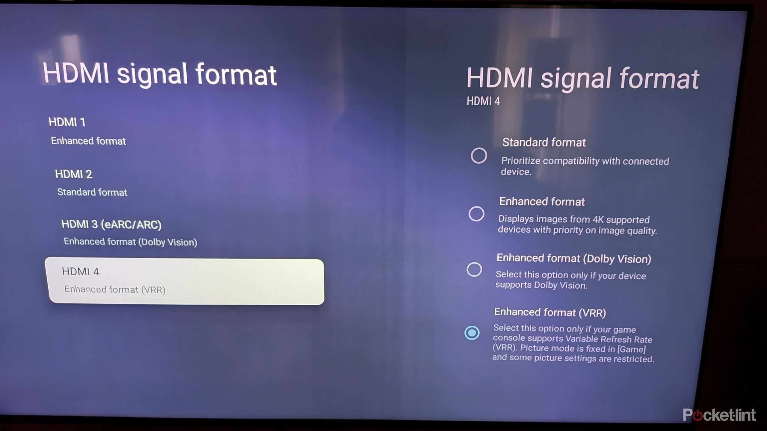 The HDMI signal format page on TV.