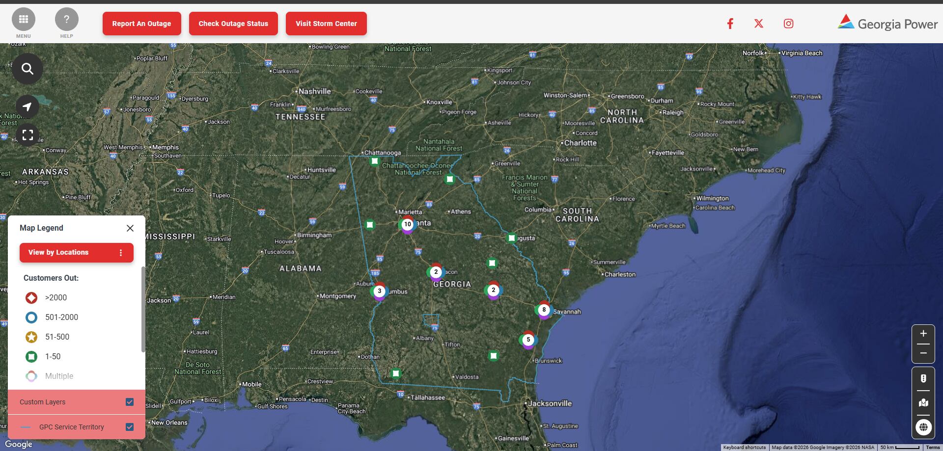 Georgia Power outage map displays multiple power outages statewide