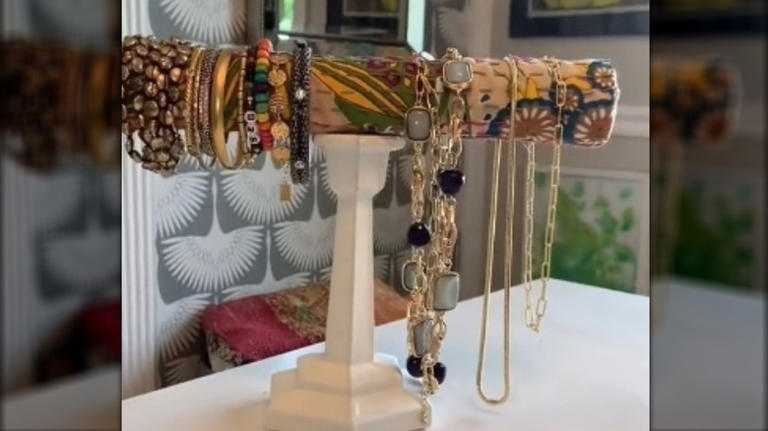 Turn an empty paper towel roll into a beautiful jewelry storage solution