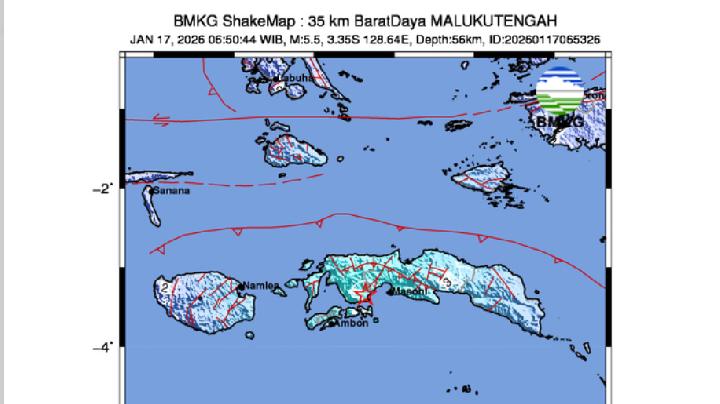 Peta gempa Maluku pada 17 Januari 2026. bmkg.go.id