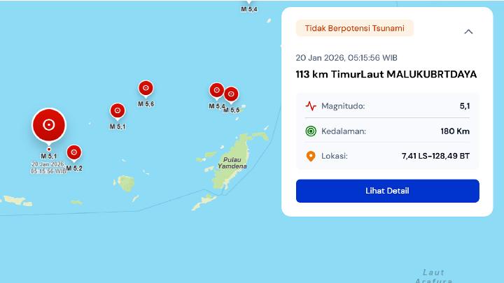 Peta pusat gempa di Maluku pada Senin, 20 Januari 2026, pukul 05:15:56 WIB berdasarkan informasi awal. bmkg.go id