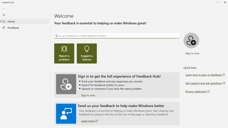 The home page of the Feedback Hub app opened in Windows.