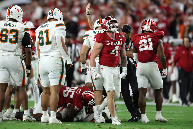Indiana linebacker Aiden Fisher reacts after his sack against Miami during the College Football Playoff national championship game at Hard Rock Stadium on Jan. 19, 2026 in Miami Gardens, Fla.