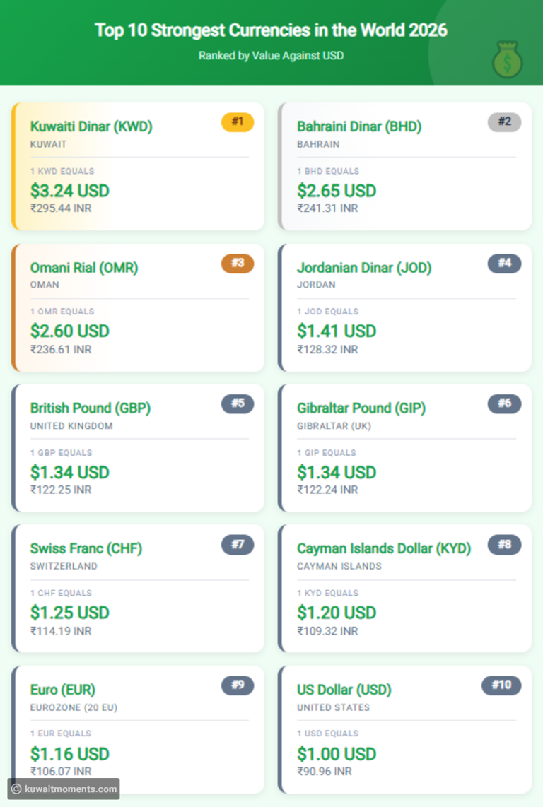 Top 10 strongest currencies in 2026: Kuwaiti dinar leads global rankings