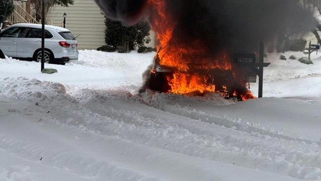 Truck catches fire after getting stuck in snow in Montgomery County