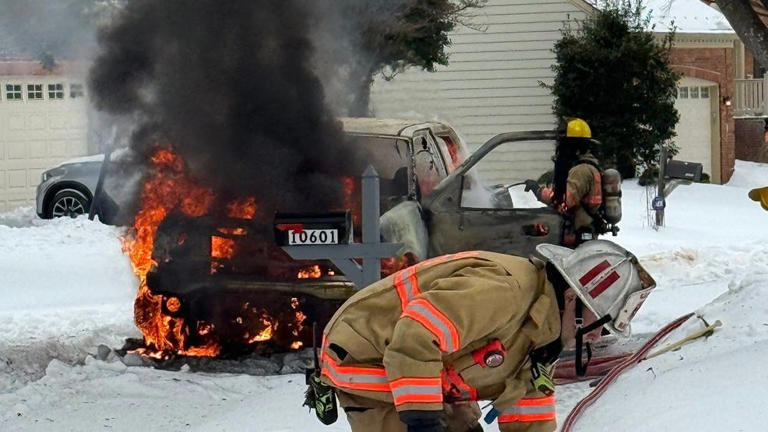 Truck catches fire after getting stuck in snow in Montgomery County