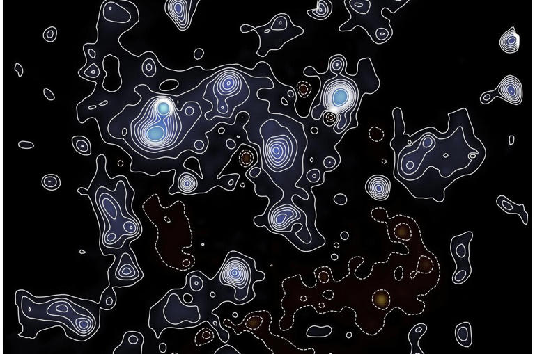 Using data from the James Webb Space Telescope, astronomers have produced one of the most detailed maps to date of dark matter. By measuring how gravity from unseen matter bends the light of background galaxies, the map shows how dark matter acts as the hidden framework on which visible galaxies are built. The overlaid contours mark regions of equal dark-matter density, highlighting where this invisible matter&mdash;shown here in a blue color&mdash;is most strongly concentrated. Credit: Dr. Gavin Leroy/COSMOS-Webb collaboration.