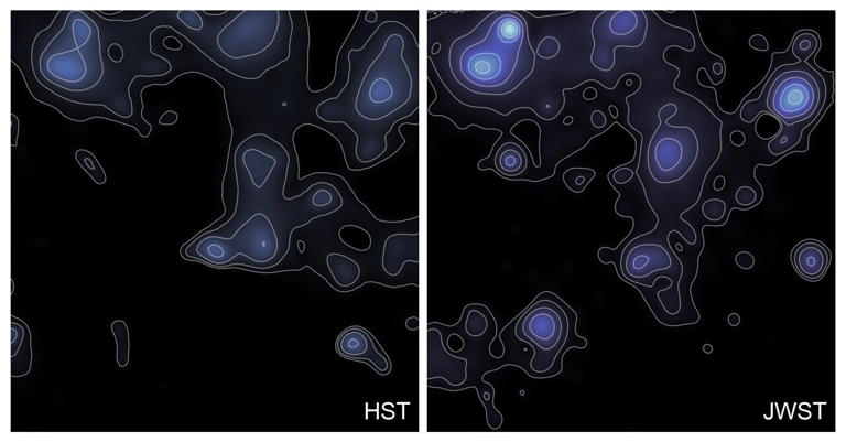 This map shows the Dark Matter distribution in the COSMOS field observed by the Hubble Space Telescope (left) and by the James Webb Space Telescope (right). The overlaid contours mark regions of equal dark-matter density, highlighting where this invisible matter&mdash;shown here in a blue color&mdash;is most strongly concentrated. Credit: Dr. Gavin Leroy/Professor Richard Massey/COSMOS-Webb collaboration.