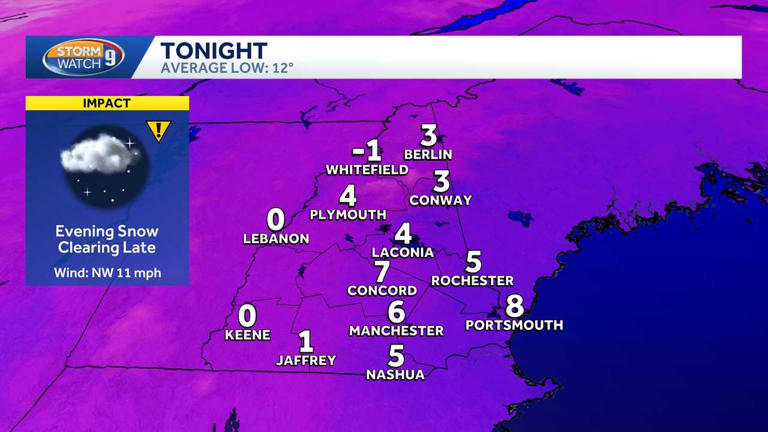 Snow moves out of New Hampshire through Monday evening