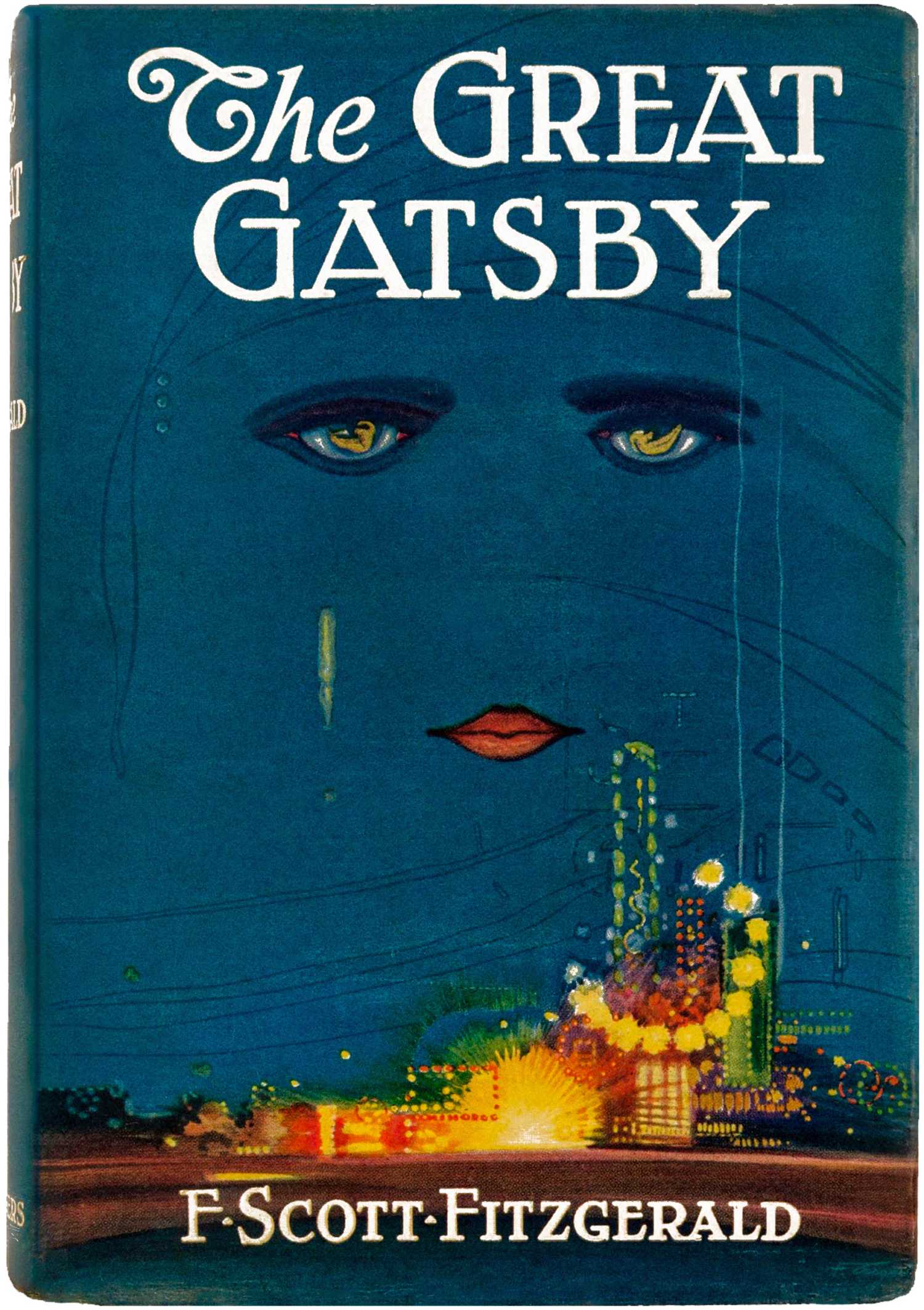 Great Gatsby book cover, a woman's face emerging from a sky over a brightly lit city.