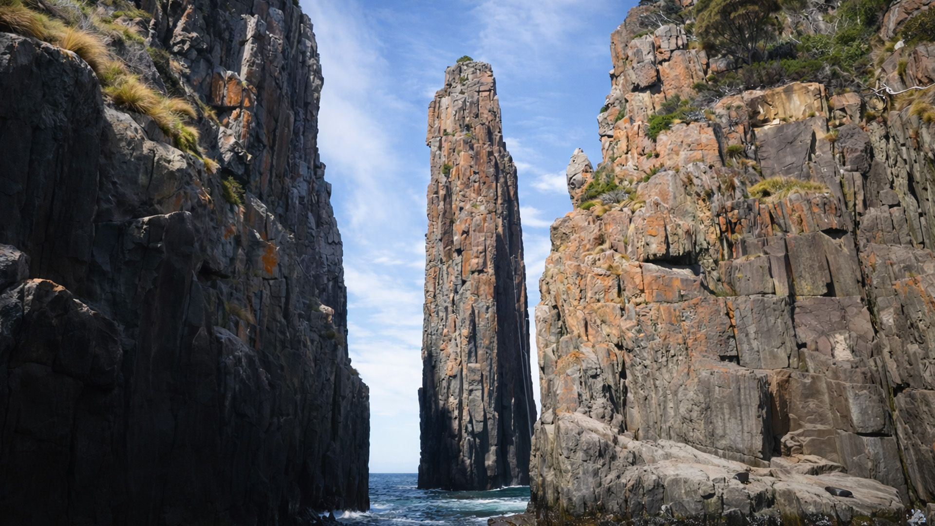 A narrow path through stone giants