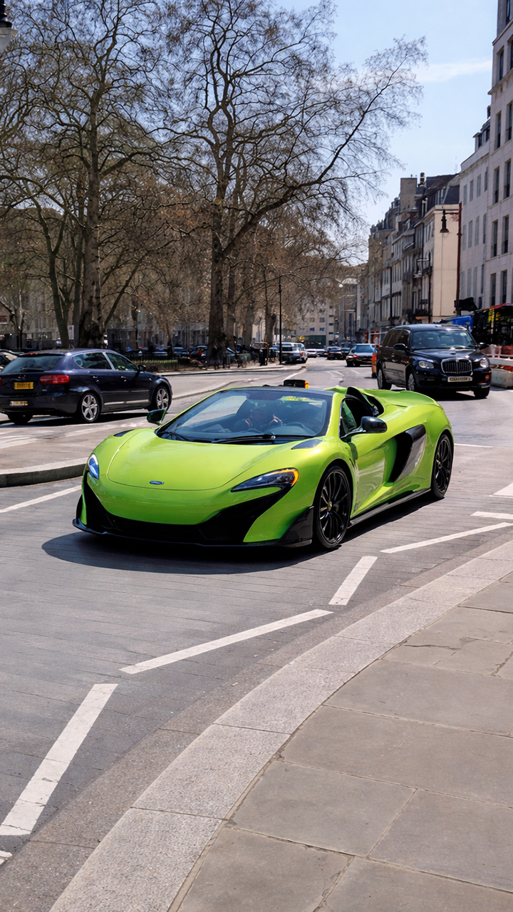 Bright McLaren drives through classic streets