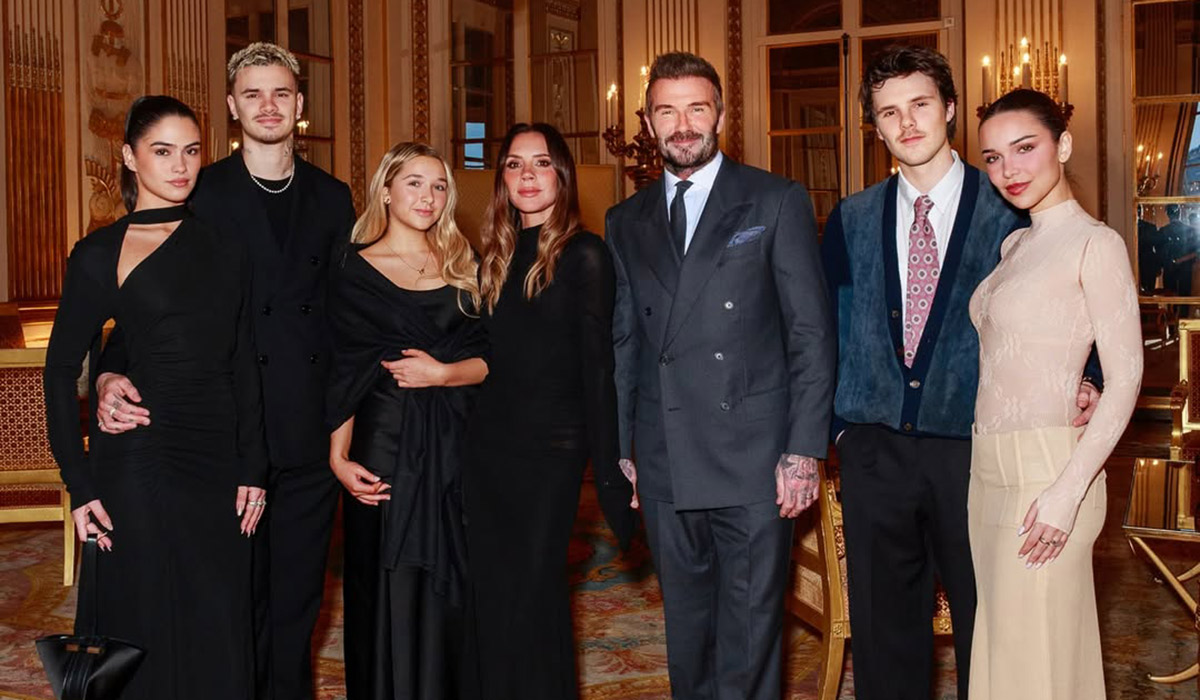 David and Victoria Beckham with their children Romeo, Cruz and Harper as well as Romeo’s girlfriend Kim Turnbull and Cruz’s partner Jackie Apostel. Pic: Victoria Beckham / Instagram