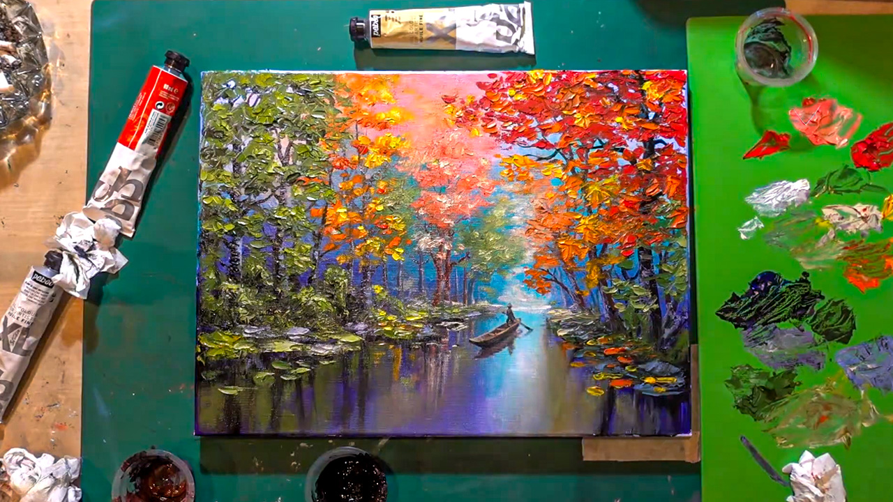 Relaxing autumn river forest art with golden leaves and reflections