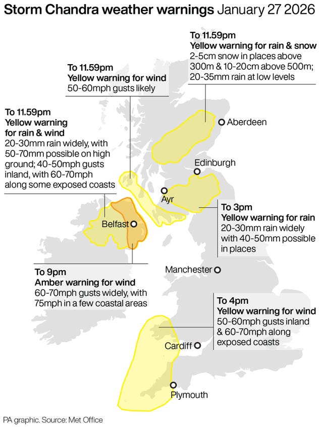 Two severe flood warnings in place as Storm Chandra brings disruption