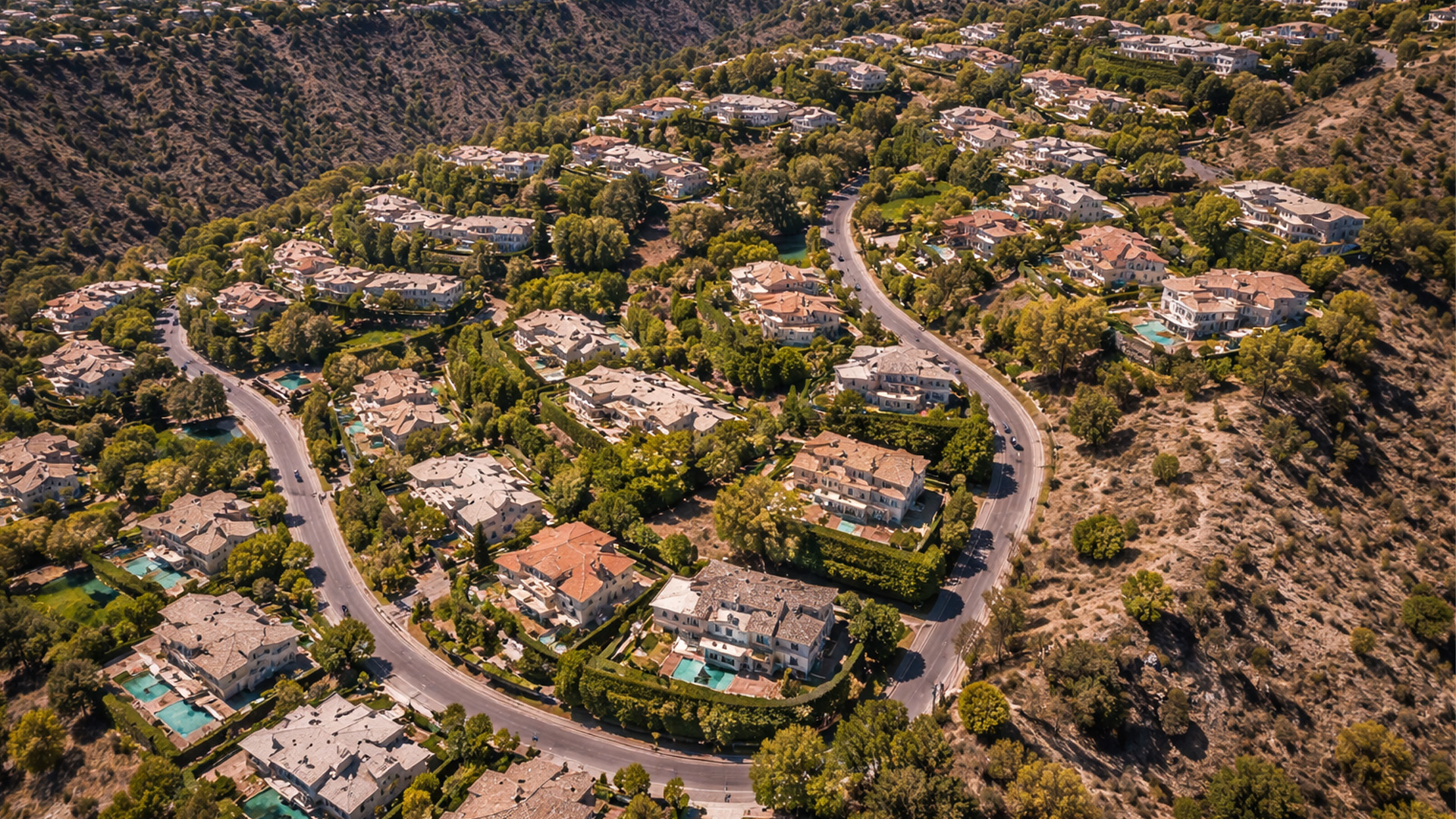 From above a hillside suburban enclave,