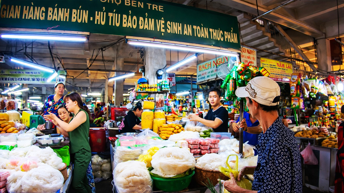 Inside a crowded local market in the Mekong Delta